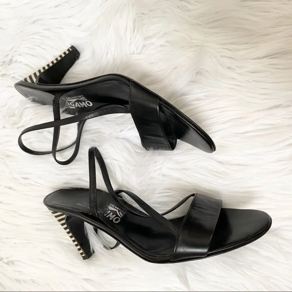 Salvatore Ferragamo black leather slingback striped heels sandal 7.5